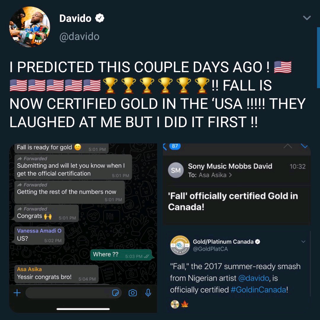 Davido's 'Fall' Certified Gold In The U.S And Canada.
