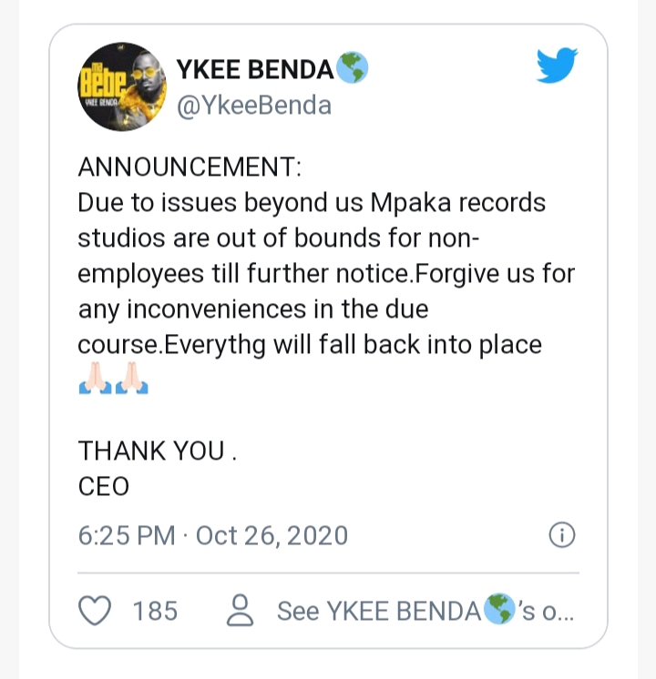 Ykee Benda’s Mpaka Records Studios swept clean by thieves