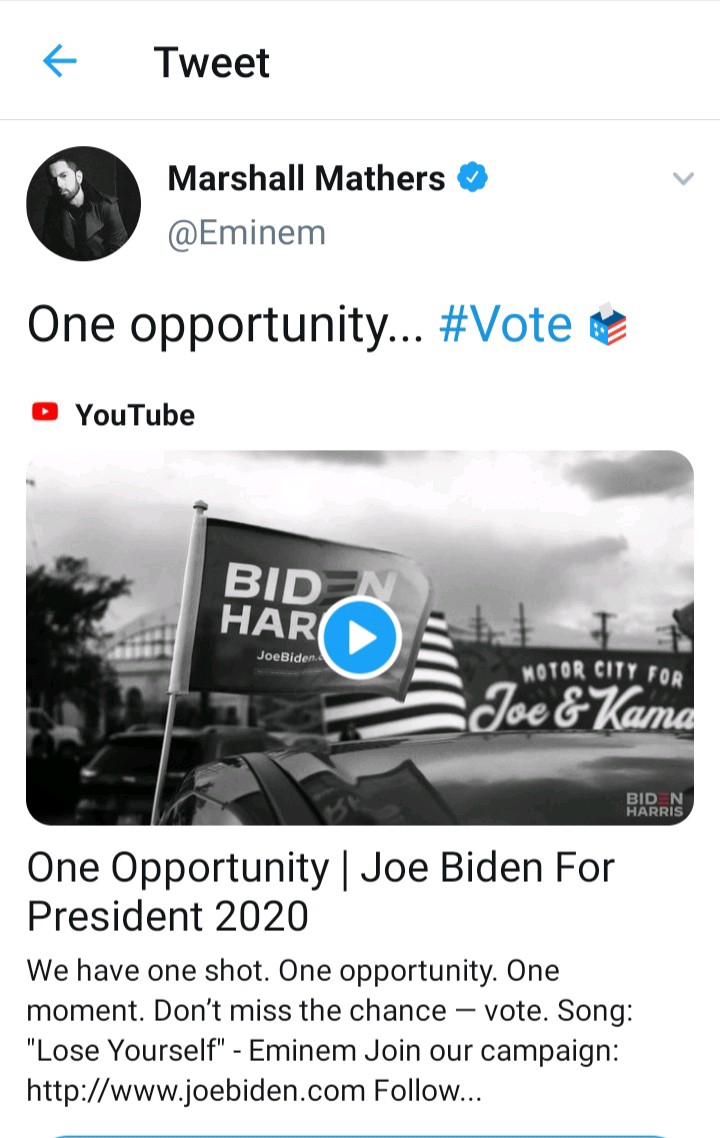 Eminem hailed for Joe Biden's Win in Michigan