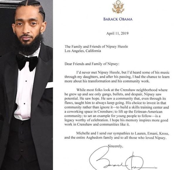 Barack Obama Honors Nipsey Hussle in Open Letter