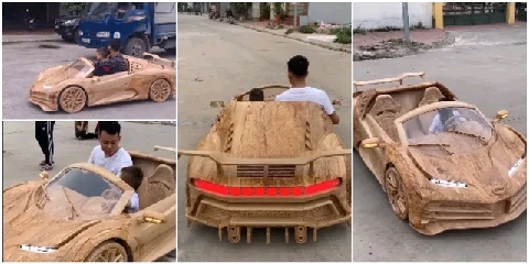 Man Builds A Bugatti Out Of Wood For His Son, Rides The Car On The Road Alongside Real Cars 