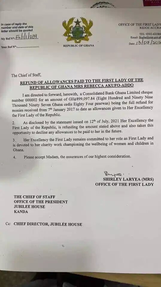 First Lady, Rebecca Akufo-Addo Refunds Almost A Million Cedis in Allowances To The State