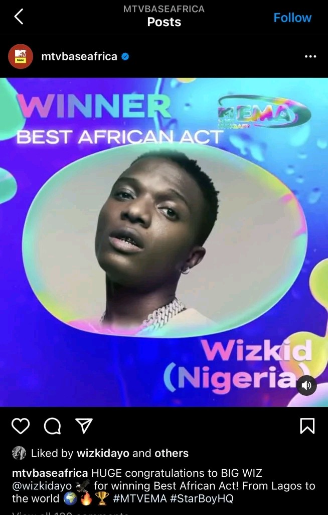 MTV EMA 2021: Wizkid Wins Best African Act