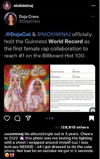 Nicki Minaj and Doja Cat Make Guinness World Record With 'Say So'
