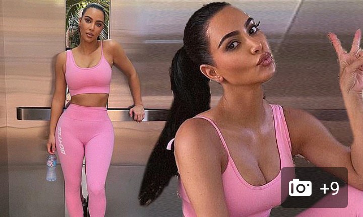 Kim Kardashian hits the gym in just a pink sports bra, leggings