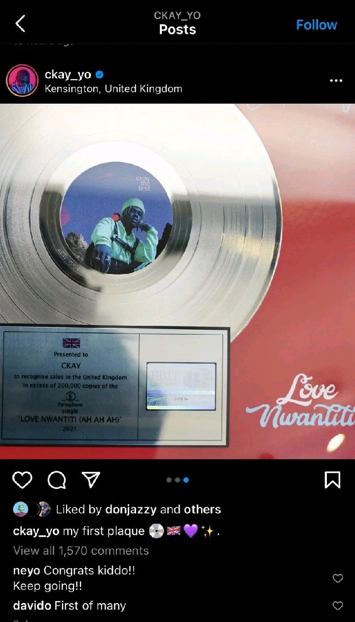 Ckay Receives Silver Plaque For Love Nwantiti