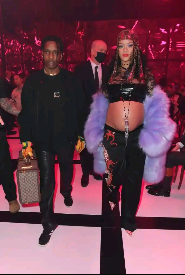 Rihanna Puts Baby Bump on Display in Purple Fur and Black Leather at Milan Fashion Week