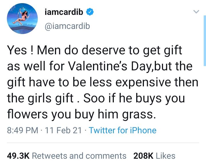 If He Buys You Flowers, Buy Him Grass For Valentine’s Day – Cardi B To Ladies