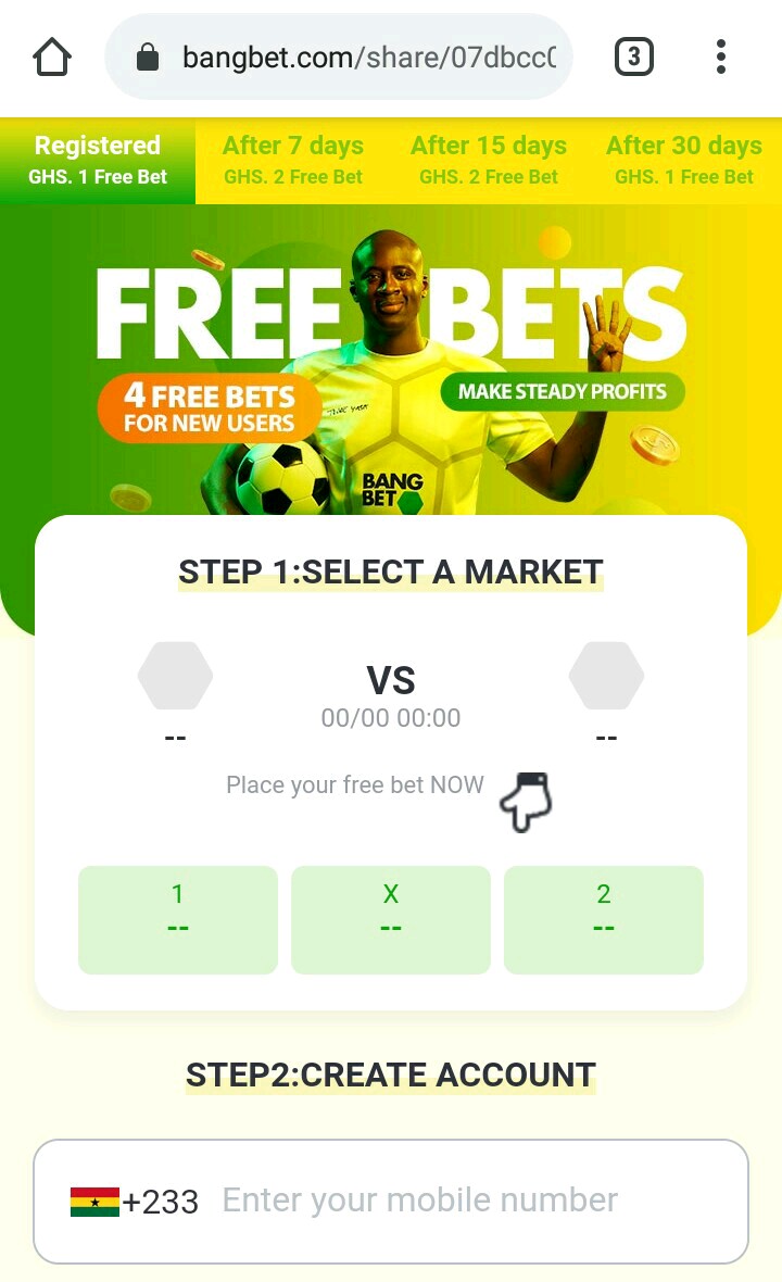 BANGBET is offering 4 free bet for new users immediately they use this link to register. 