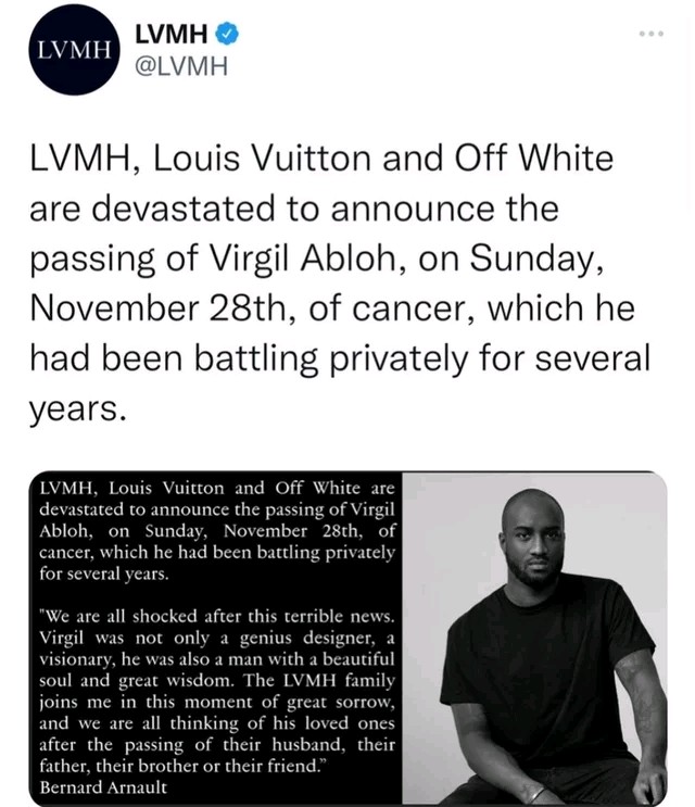 Louis Vuitton's visionary artistic director Virgil Abloh, 41, dies