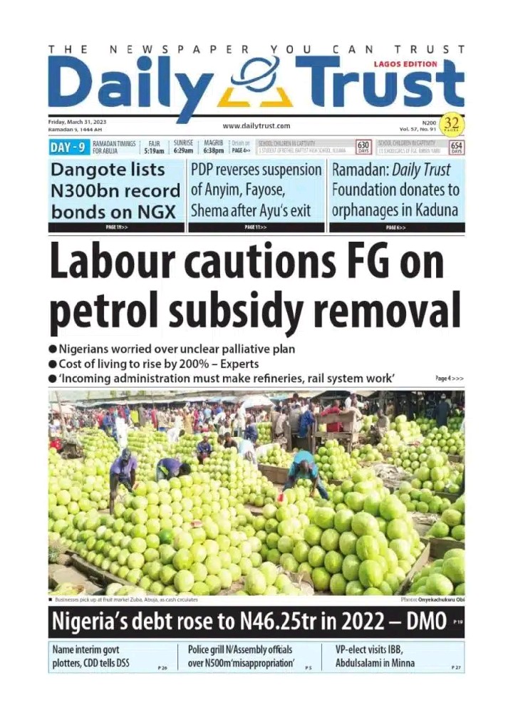Nigerian Newspapers Daily Front Pages Review Friday 31st March, 2023