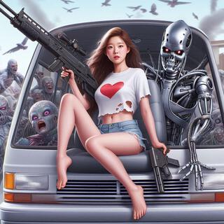 chica coreana bonita sin zapatos mitad Terminator con escopetas montando una camioneta voladora combatiendo alienigenas en forma de calamar que invaden la tierra