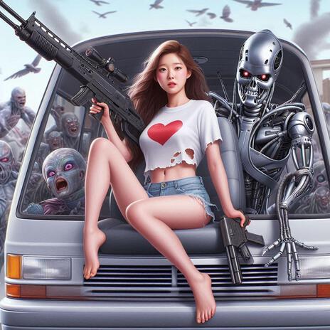 chica coreana bonita sin zapatos mitad Terminator con escopetas montando una camioneta voladora combatiendo alienigenas en forma de calamar que invaden la tierra | Boomplay Music