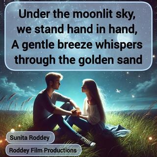 Under the moonlit sky, we stand hand in hand, A gentle breeze whispers through the golden sand