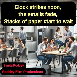 Clock strikes noon, the emails fade, Stacks of paper start to wait