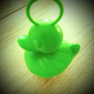 and it's a green plastic duck