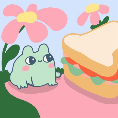 small frog eats a sandwich alone