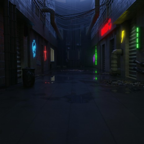 alone in a futuristic alley in a futuristic city