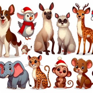 4 dogs, a llama, a red nose reindeer, a cheetah, 2 monkeys, an elephant, and a mouse