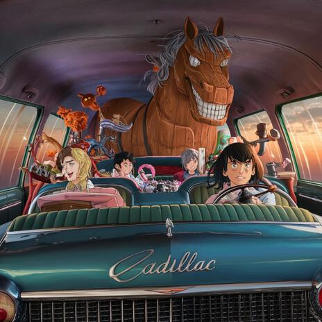 in the backseat of my dad's caddilac was a wodden horse