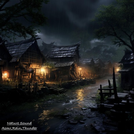 Raining in the village at night.