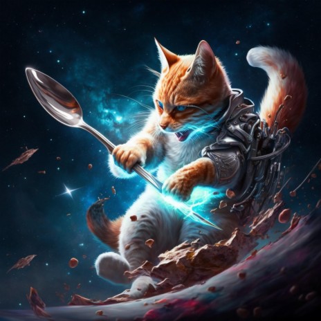 cat in space fighting cyber dragons with a spoon